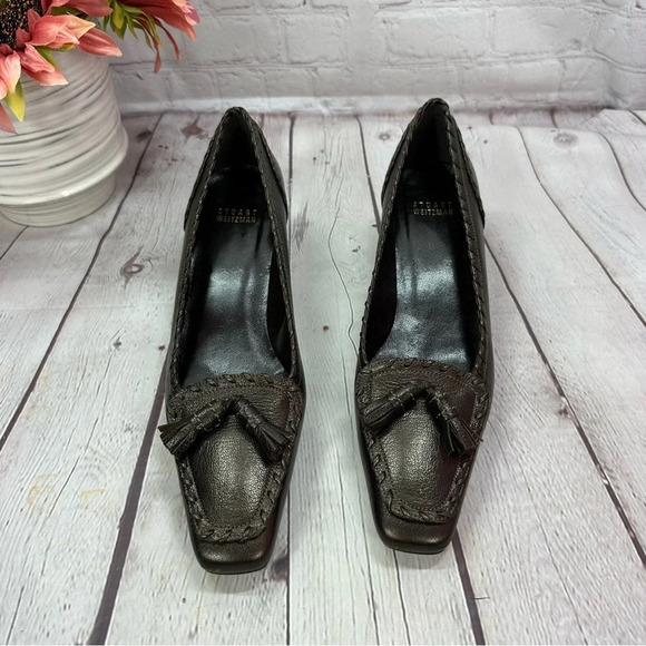 stuart weitzman leather designer kitten heel pump bronze color sz 9 SS narrow - Picture 4 of 14